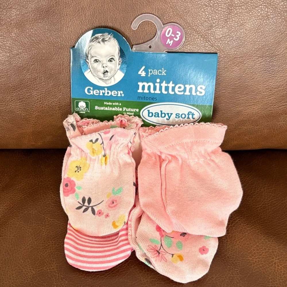 0-3M Gerber Baby Soft Floral and Pink Mittens - 4 Pack